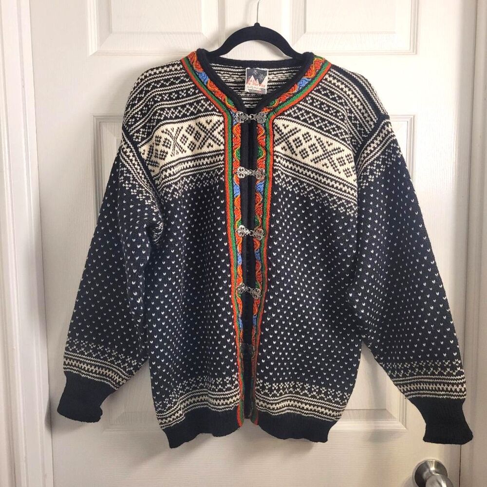 Dale of Norway M Vintage 1977 Wool Cardigan Nordic Fair Isle Pewter Clasp Norway